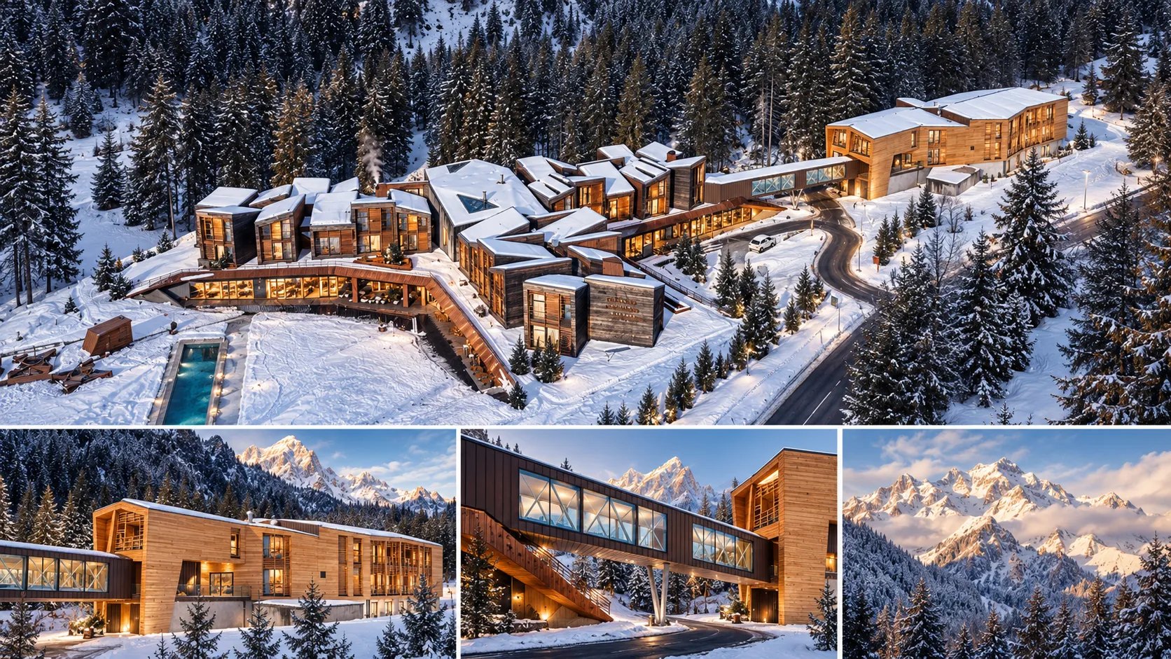 Das Resort Aethos Monterosa im Schnee, der Neubau, der Steg und die Berge des Ayastals