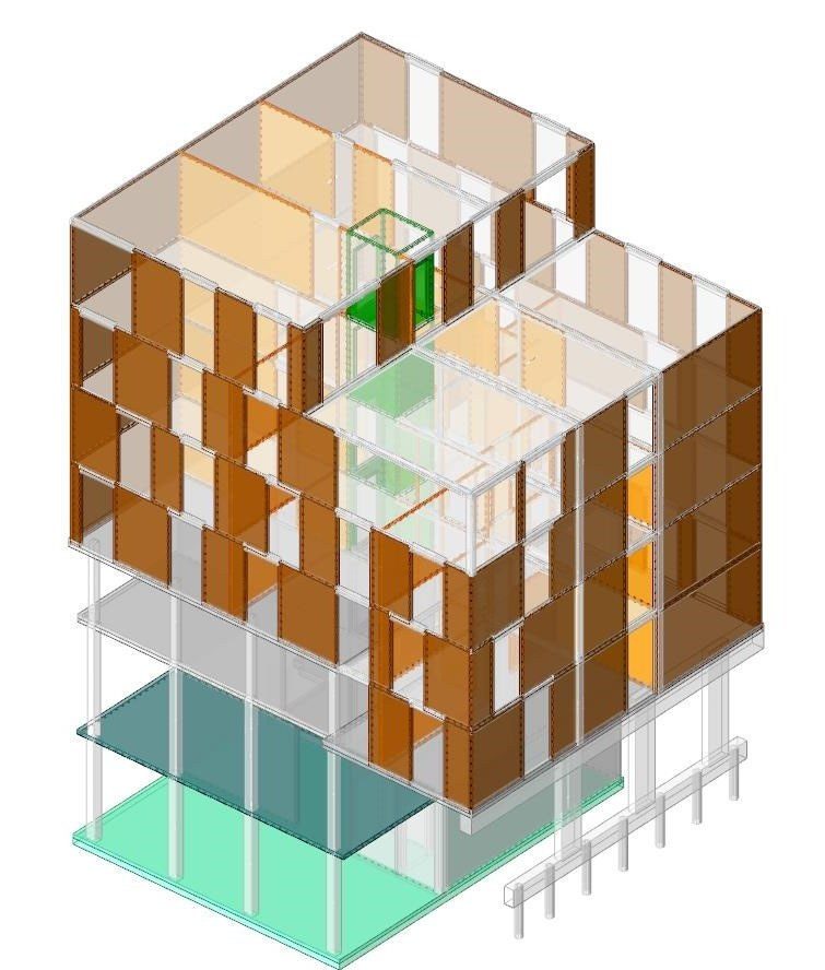 Axonometrie: das Holztragwerk über dem Betonsockel