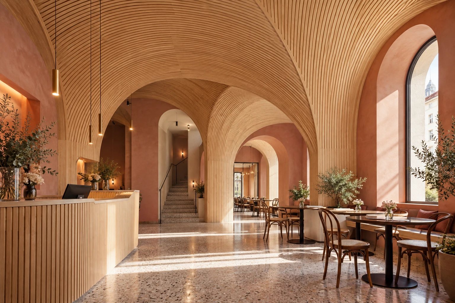 Die Lobby mit dem Kreuzgewölbe aus Holz