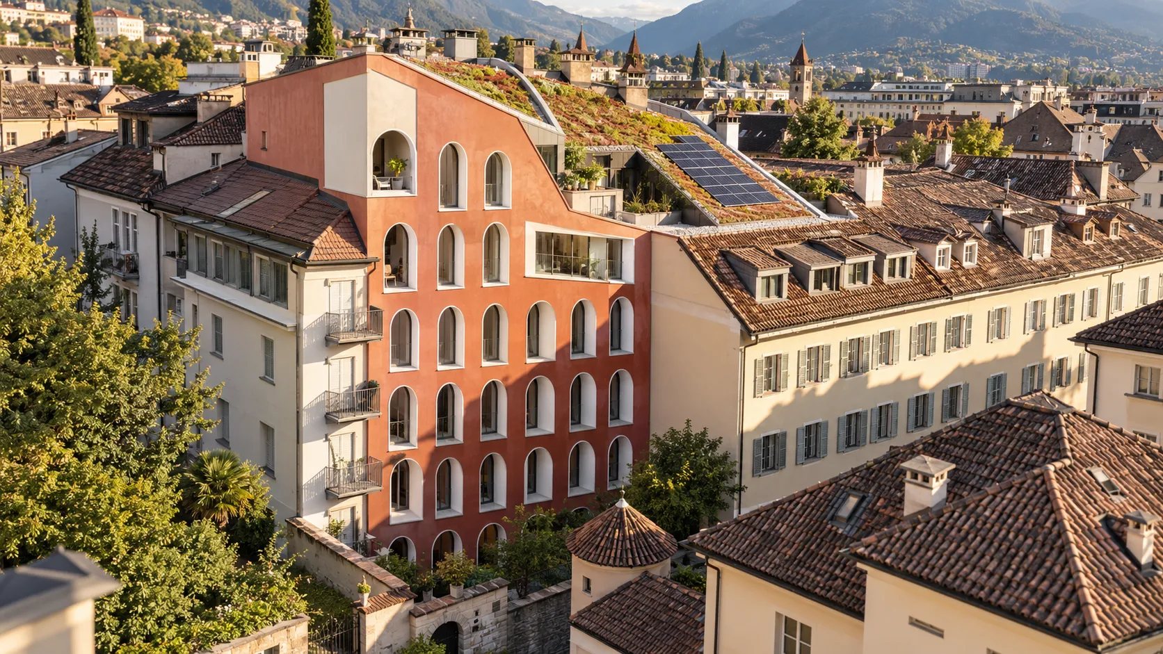 Das Hotel von oben, mit Gründach und Photovoltaik