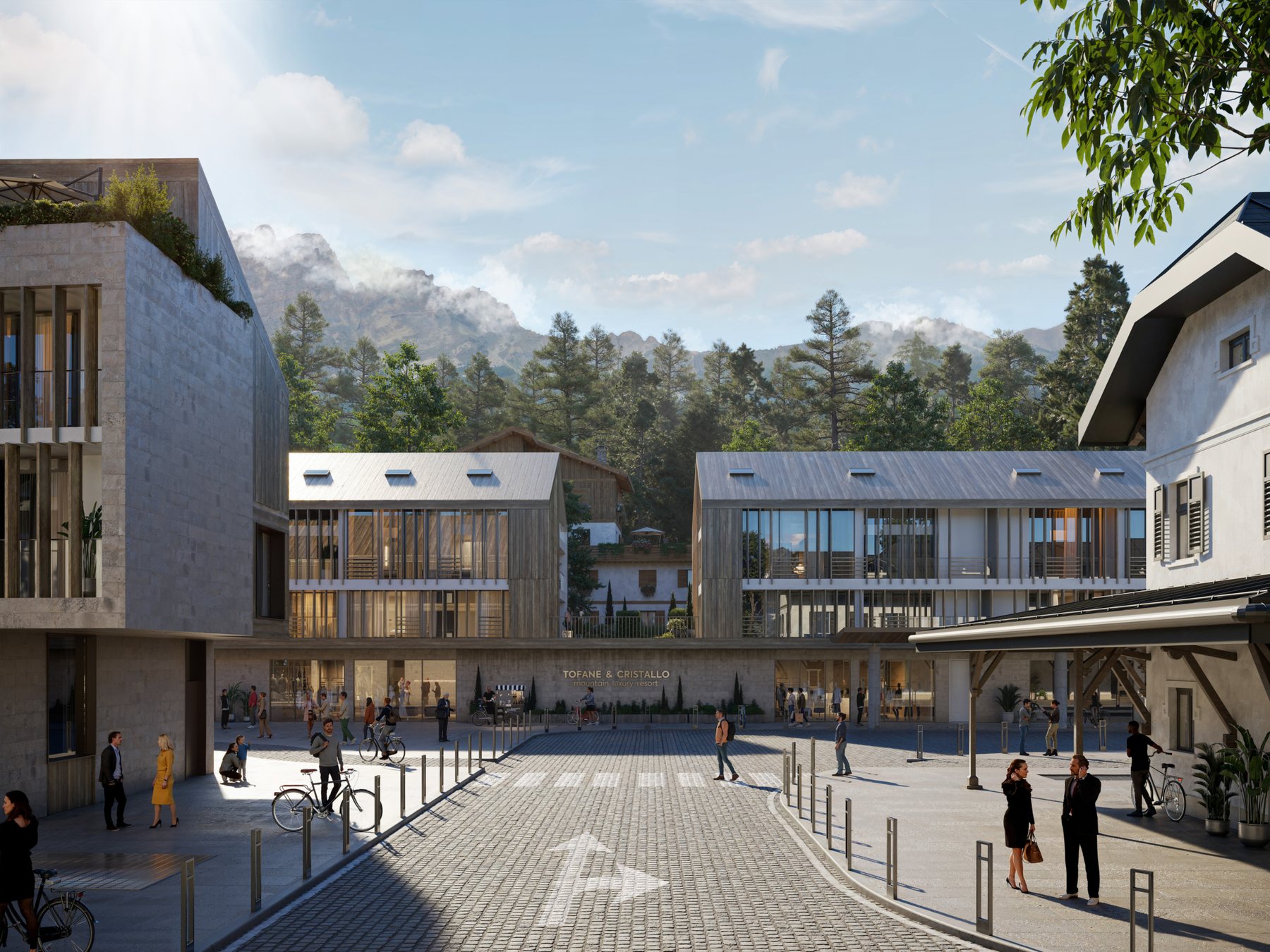 La nuova piazza con gli edifici in legno, nel render di progetto